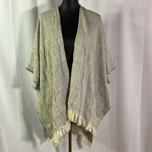 NWT Marcus Adler Gray Multicolor Herringbone Knit Open Front Fringed Poncho